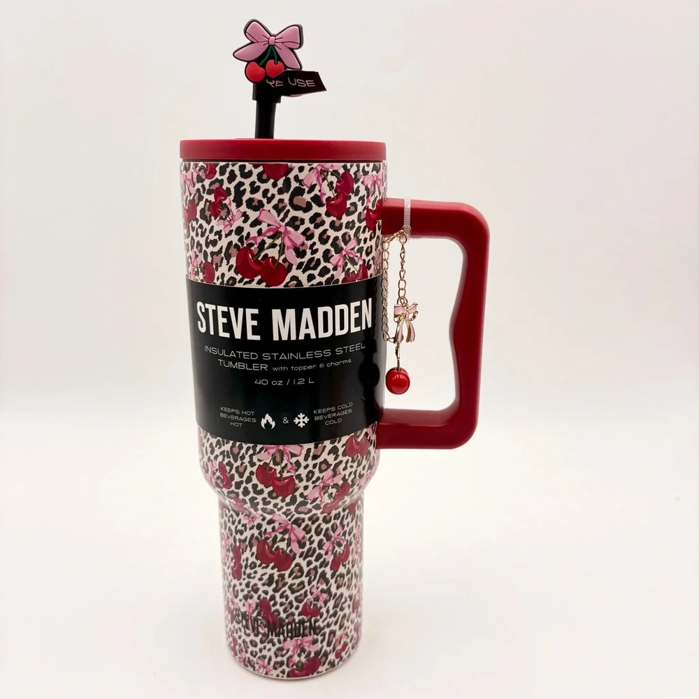 Steve Madden Leopard Cherry Bow Insulated Stainless Steel Tumbler with Charms